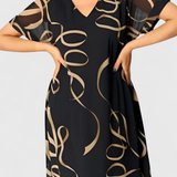 Allegra Black Dress with Abstract Gold Print and V-Neck