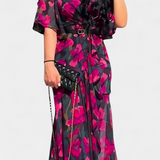 Sima Printed Cross-Over Dress with V-Neck and Flared Sleeves