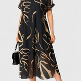 Allegra Black Dress with Abstract Gold Print and V-Neck