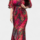 Sima Printed Cross-Over Dress with V-Neck and Flared Sleeves