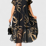Allegra Black Dress with Abstract Gold Print and V-Neck