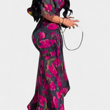 Sima Printed Cross-Over Dress with V-Neck and Flared Sleeves