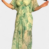 Sima Printed Cross-Over Dress with V-Neck and Flared Sleeves