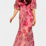 Sima Printed Cross-Over Dress with V-Neck and Flared Sleeves