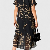 Allegra Black Dress with Abstract Gold Print and V-Neck