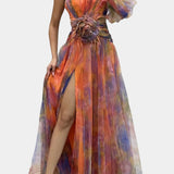 Amelie Asymmetrical One-Shoulder Maxi Dress with Artistic Print