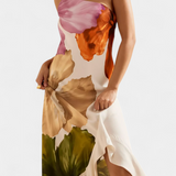 Almudena Elegant Dress with Patchwork and Asymmetrical Neckline