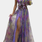 Amelie Asymmetrical One-Shoulder Maxi Dress with Artistic Print