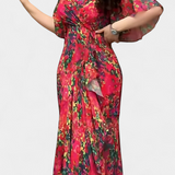 Sima Printed Cross-Over Dress with V-Neck and Flared Sleeves