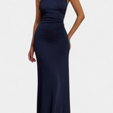 Trinity Fitted Halter Dress with Ruching and Open Back