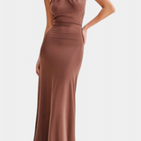 Trinity Fitted Halter Dress with Ruching and Open Back