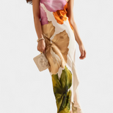 Almudena Elegant Dress with Patchwork and Asymmetrical Neckline