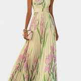 Calanthe Long Pleated Dress with Floral Print and Square Neckline