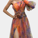 Amelie Asymmetrical One-Shoulder Maxi Dress with Artistic Print