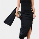 Aphrodite Asymmetrical Dress with Decorative Gold Buttons