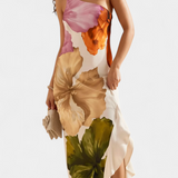 Almudena Elegant Dress with Patchwork and Asymmetrical Neckline