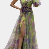 Amelie Asymmetrical One-Shoulder Maxi Dress with Artistic Print