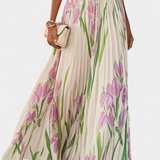 Calanthe Long Pleated Dress with Floral Print and Square Neckline