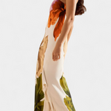 Almudena Elegant Dress with Patchwork and Asymmetrical Neckline