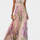Calanthe Long Pleated Dress with Floral Print and Square Neckline