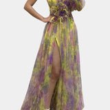 Amelie Asymmetrical One-Shoulder Maxi Dress with Artistic Print