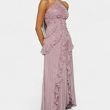 Bia Halter Dress with Pleated Ruffles in Ethereal Lilac