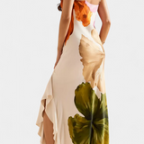 Almudena Elegant Dress with Patchwork and Asymmetrical Neckline