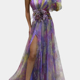 Amelie Asymmetrical One-Shoulder Maxi Dress with Artistic Print