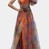 Amelie Asymmetrical One-Shoulder Maxi Dress with Artistic Print