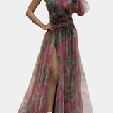 Amelie Asymmetrical One-Shoulder Maxi Dress with Artistic Print