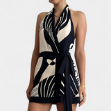 Fae Short Halter Dress with Abstract Print and Belt