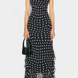 Estefanía Gossamer Dress with Ruffles and Polka Dots in Black and Cream