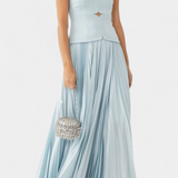 Clara Midi Pleated Dress with Off-the-Shoulder Sleeves