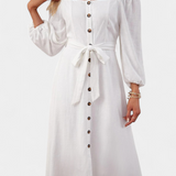 Leonor Off-the-Shoulder Dress with Buttons and Front Tie