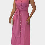 Behnaz Elegant Sleeveless Dress with Belt and Shirt Collar