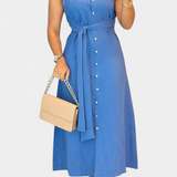 Behnaz Elegant Sleeveless Dress with Belt and Shirt Collar