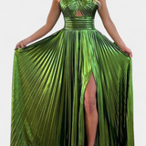 Aikaterini Metallic Maxi Dress with Crossed Neckline and Slit