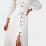 Leonor Off-the-Shoulder Dress with Buttons and Front Tie