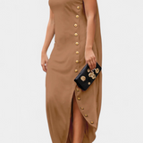 Aphrodite Asymmetrical Dress with Decorative Gold Buttons