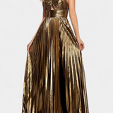 Aikaterini Metallic Maxi Dress with Crossed Neckline and Slit