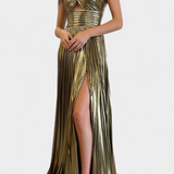 Aikaterini Metallic Maxi Dress with Crossed Neckline and Slit