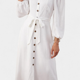 Leonor Off-the-Shoulder Dress with Buttons and Front Tie