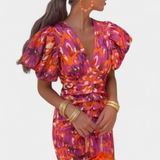Wibia Printed Dress with Central Ruching and Voluminous Sleeves