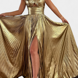 Aikaterini Metallic Maxi Dress with Crossed Neckline and Slit