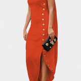 Aphrodite Asymmetrical Dress with Decorative Gold Buttons