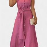 Behnaz Elegant Sleeveless Dress with Belt and Shirt Collar