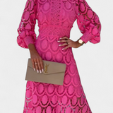 Lucinda Lace Midi Dress with Puff Sleeves and High Neck