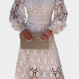 Lucinda Lace Midi Dress with Puff Sleeves and High Neck