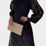 Lucinda Lace Midi Dress with Puff Sleeves and High Neck