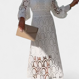 Lucinda Lace Midi Dress with Puff Sleeves and High Neck